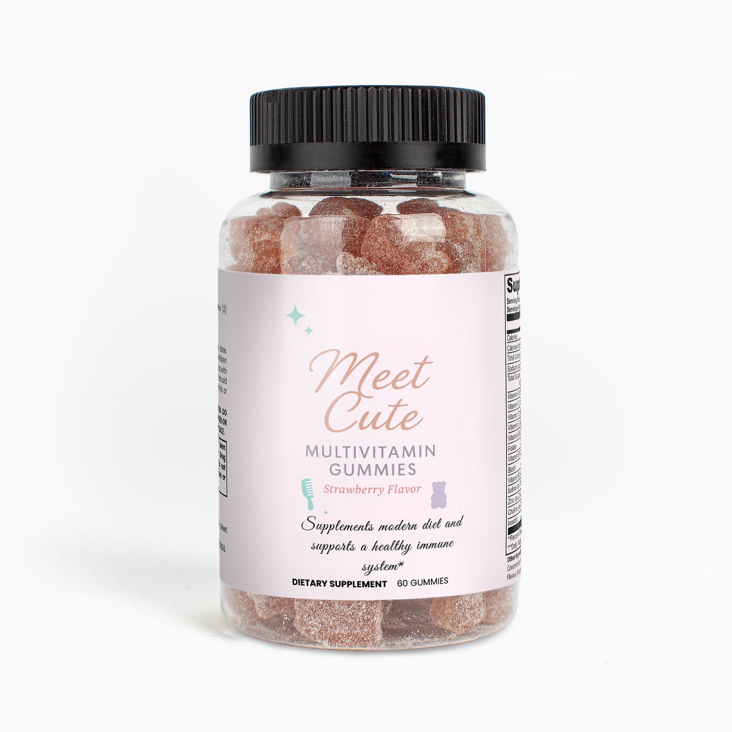 Bottle of 'Meet Cute' multivitamin gummies on a white background