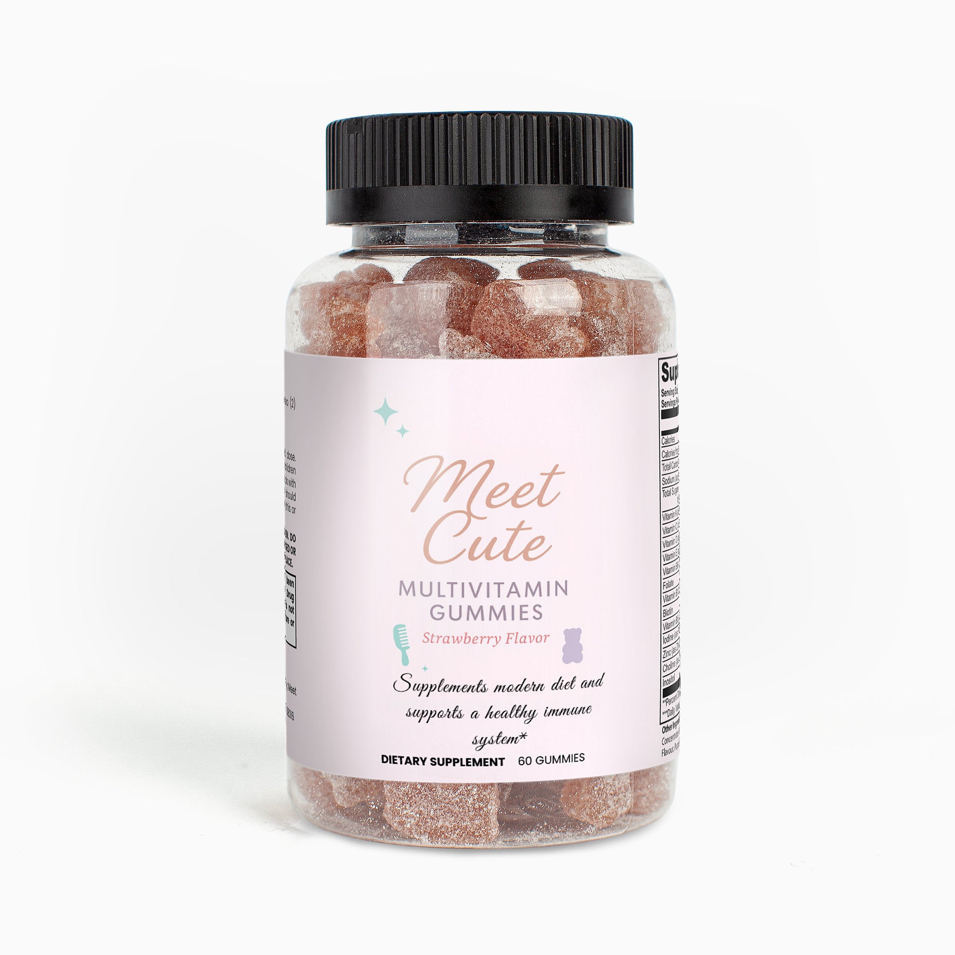 Bottle of 'Meet Cute' multivitamin gummies on a white background
