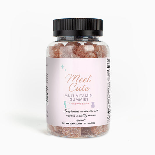 Bottle of 'Meet Cute' multivitamin gummies on a white background